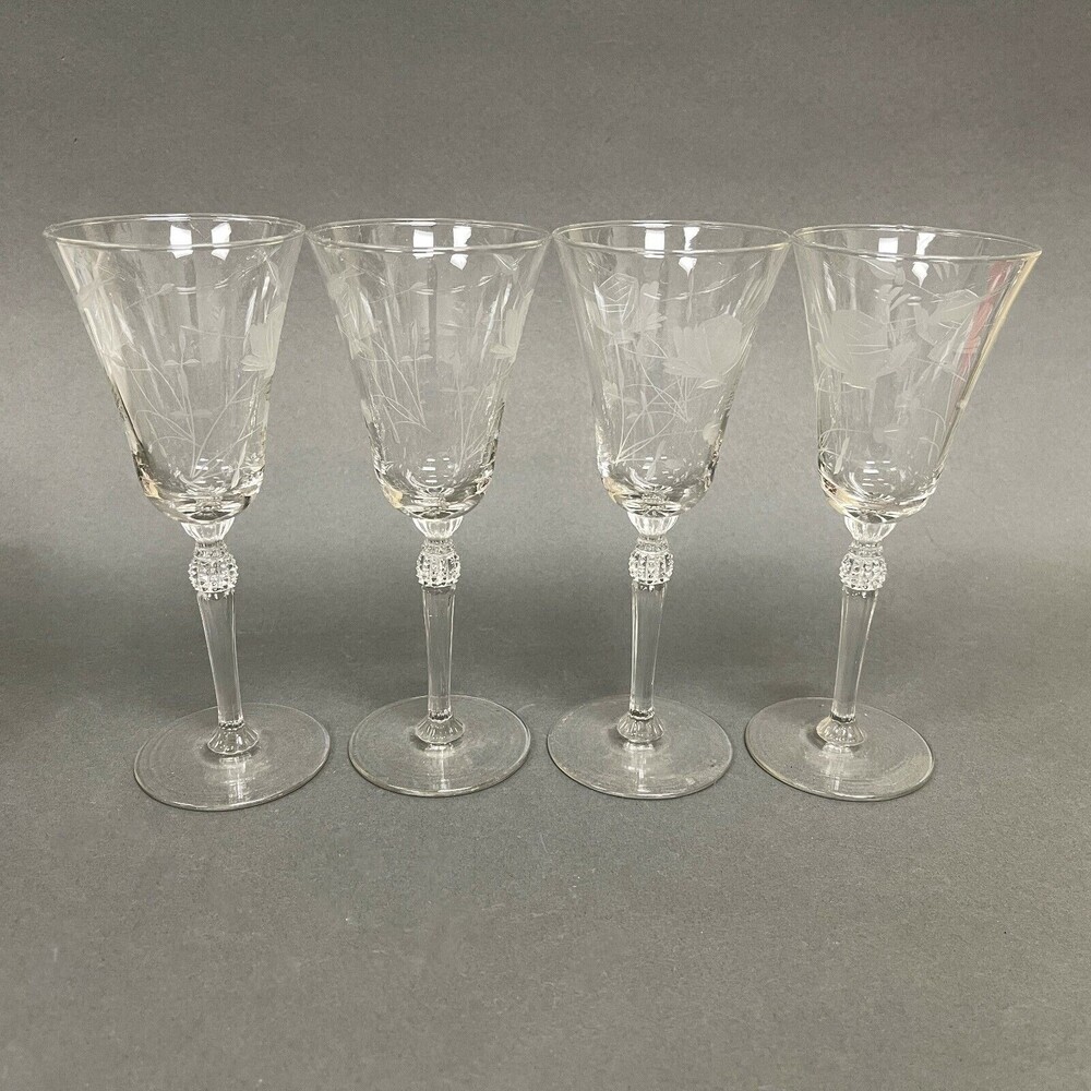 Wine Glasses Clear Glass Etched Roses Flowers Stemmed 7" High Lot of 4
